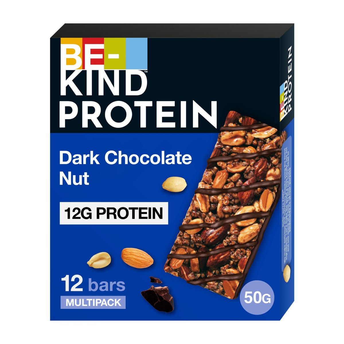 BE-KIND Dark Chocolate Nut Protein Bar, 12g Plant Protein Tasty Protein Bars, Gluten Free Snacks, Source of Protein, High Fibre, No Artificial, Colors or Flavours - 50g, Pack of 12