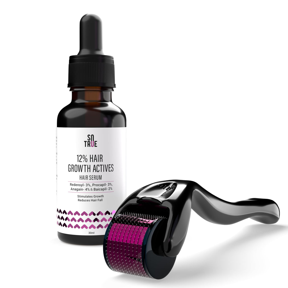 Sotrue Hair Growth Serum with Derma Roller Combo, 0.5 mm With 540 Stainless Steel Needles, Redensyl 3%, Procapil 3%, Anagain 4% and Baicapil 2%, Hair Fall Control Serum For Women & Men, All Hair