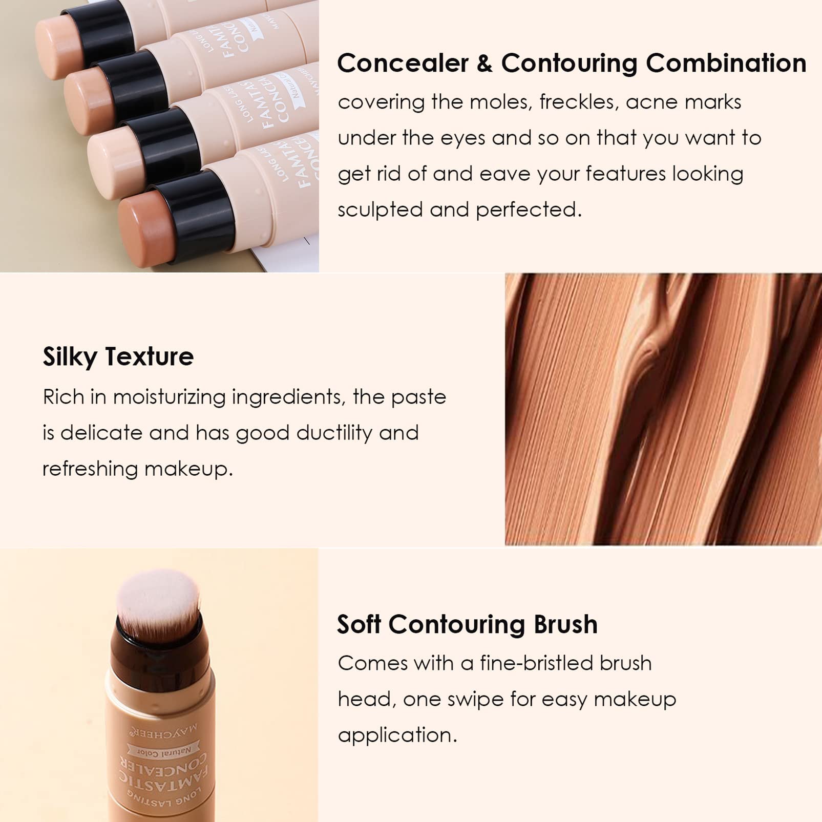 Contour Stick, Contour Foundation Stick, Creamy Concealer Bronzer Stick, Highlighter Bronzer Pen, Face Brightens Shades Pencil with Brush, Highlighting Shade, Waterproof, Longwear Makeup