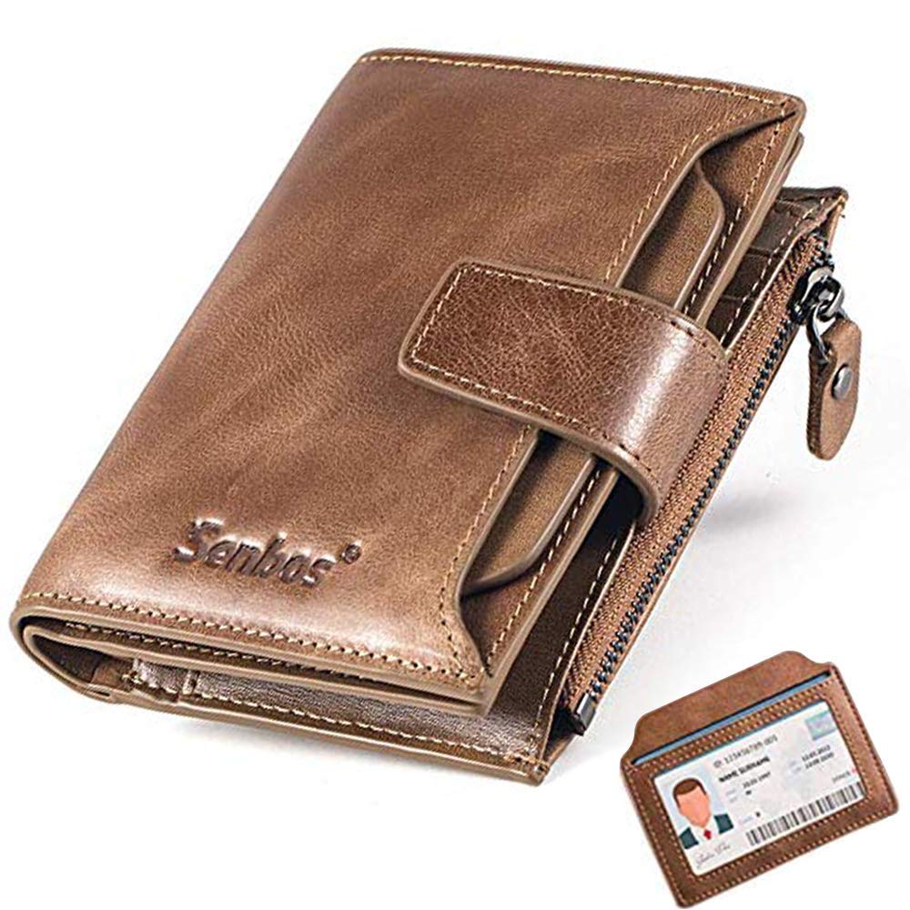 Senbos Wallet Mens, RFID Blocking Genuine Leather Wallet for Men with 18 Credit Card Slots, 2 Banknote Compartments, 1 Zipper Pocket and Removable ID Card Holder, Classic Vertical Wallet with Gift Box - Khaki