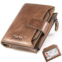 Senbos Wallet Mens, RFID Blocking Genuine Leather Wallet for Men with 18 Credit Card Slots, 2 Banknote Compartments, 1 Zipper Pocket and Removable ID Card Holder, Classic Vertical Wallet with Gift Box - Khaki