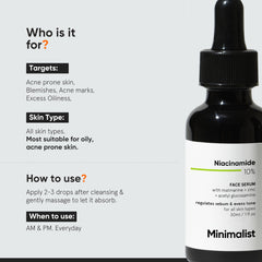Minimalist Niacinamide 10% for Blemishes, Acne Marks & Oil Balancing with Zinc | Skin Clarifying Anti-Acne Face Serum for Acne Prone or Oily Skin | 30ml