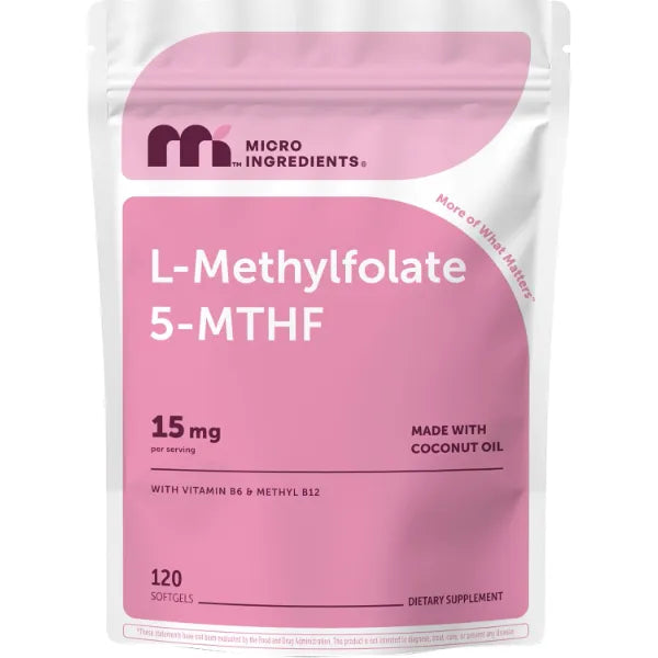Micro Ingredients L Methylfolate 15mg, 120 Softgels | Made with Coconut Oil | Active 5-MTHF with B6 & Methyl B12 | Methylated Vitamin B9 | Folate Supplement for Women & Men