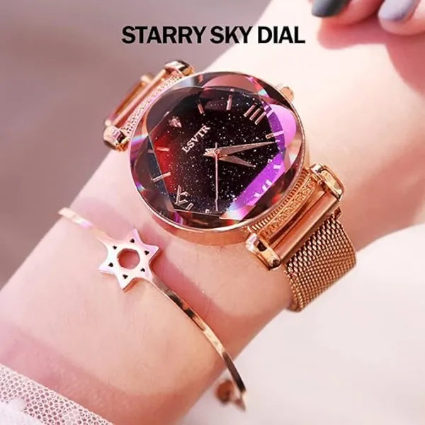 KASTWAVE Women Watches Luxury Starry Sky Women's Wrist Watches for Magnetic Strap Crystal dial Small Size Life Waterproof Watch Rose Quartz Watch Jewelry