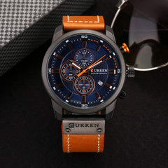 CURREN Men Leather Strap Military Watches Men's Chronograph Waterproof Sport Wrist Date Quartz Wristwatch Gifts, gold brown, Chronograph,Quartz Movement