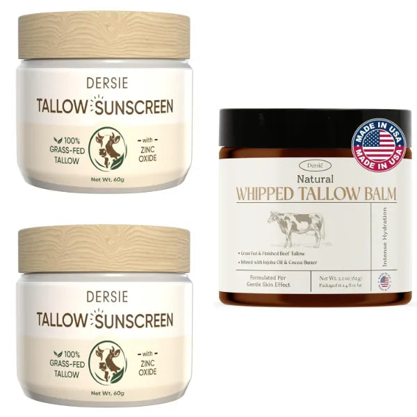 Dersie Tallow Skincare Bundle – 2-Pack Tallow Sunscreen with Zinc Oxide + Whipped Tallow Balm – 100% Grass-Fed, All-Natural Moisturizer & Sun Protection for Dry, Sensitive Skin