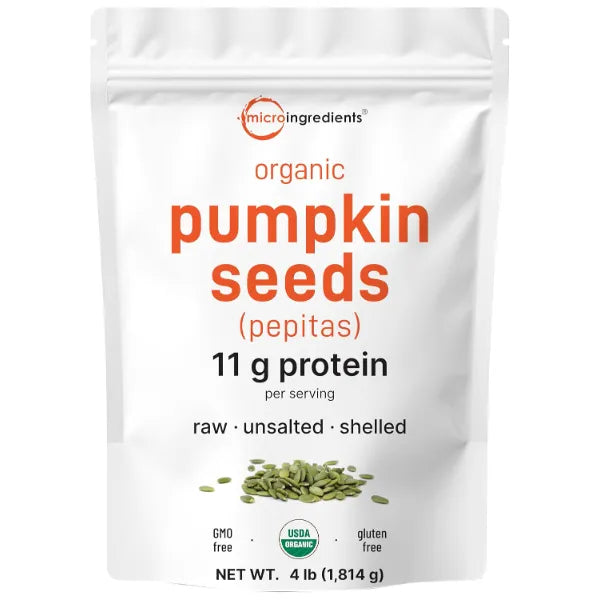 Micro Ingredients Organic Pumpkin Seeds, 4lbs | Raw, Unsalted, & Shelled – Whole Pepitas | Pumpkin Seeds to Eat | Great for Baking, Smoothies, & Salad Toppings | Natural Source of Essential Fatty Acids, Protein, & Iron