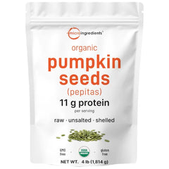 Micro Ingredients Organic Pumpkin Seeds, 4lbs | Raw, Unsalted, & Shelled – Whole Pepitas | Pumpkin Seeds to Eat | Great for Baking, Smoothies, & Salad Toppings | Natural Source of Essential Fatty Acids, Protein, & Iron