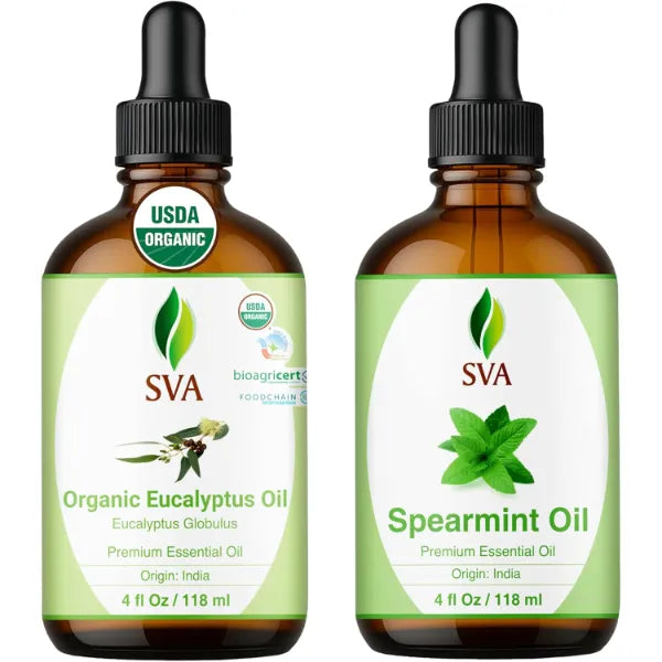SVA ORGANICS Eucalyptus and Spearmint Essential Oil 4 oz Bundle Super Saver Combo – Premium Grade Value Set for Hair Oiling, Scalp Massage, Hair Care, Skin Care and Body Massage