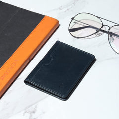 FOXHACKLE RFID Bifold Leather Wallet, Slim Minimalist Card Holder for Men & Women- Blue Tan
