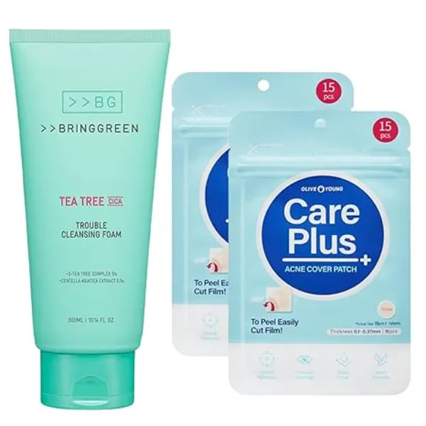 BRING GREEN Tea Tree Cica Cleansing Foam + OLIVE YOUNG Spot Patch Korean Acne Care Duo for Gentle Exfoliation, Pore Care & Pimple Protection 300ml Cleanser + 30 Hydrocolloid Patches