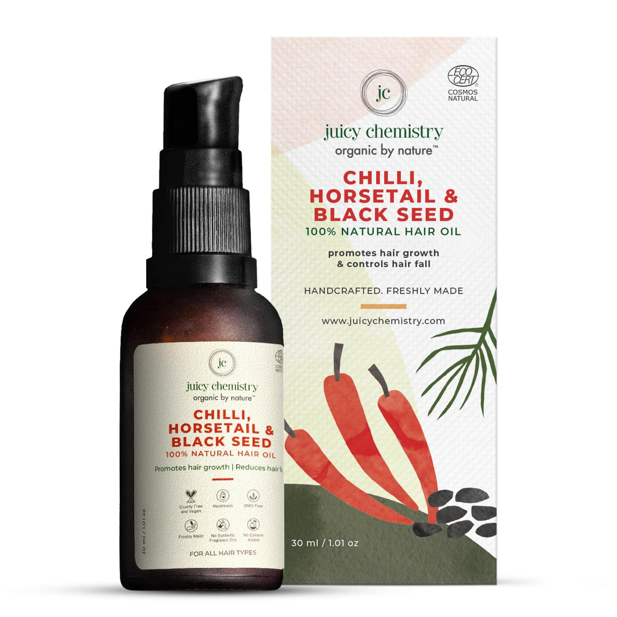 Juicy Chemistry Chilli, Horsetail & Blackseed Hair Growth Oil, 30 ml | Enriched with Rosemary & Kalonji to Control Hair Fall | Hair Growth Oil with Natural DHT Blockers for Men & Women