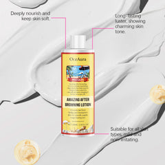 After-sun lotion with aloe vera and coconut extract for tanning, promotes deep nourishment and fast tanning results.