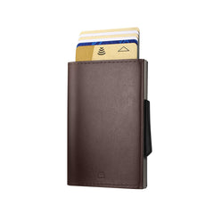 OGON Automatic Leather wallet Cascade Slim - Compact aluminum RFID blocking card holder - Up to 8 cards and banknotes - Brown