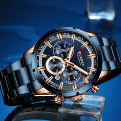 CURREN Herren-Armbanduhr Sport Quarz Chronograph Armbanduhr mit Leuchtzeigern Mode Edelstahl Uhr Datum- rose gold blue