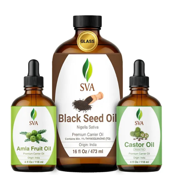 SVA ORGANICS Black Seed16 oz, Amla 4 oz, and Castor Oil 4 oz Bundle Super Saver Combo – Premium Grade Value Set for Hair Oiling, Scalp Massage, Hair Care, Skin Care and Body Massage