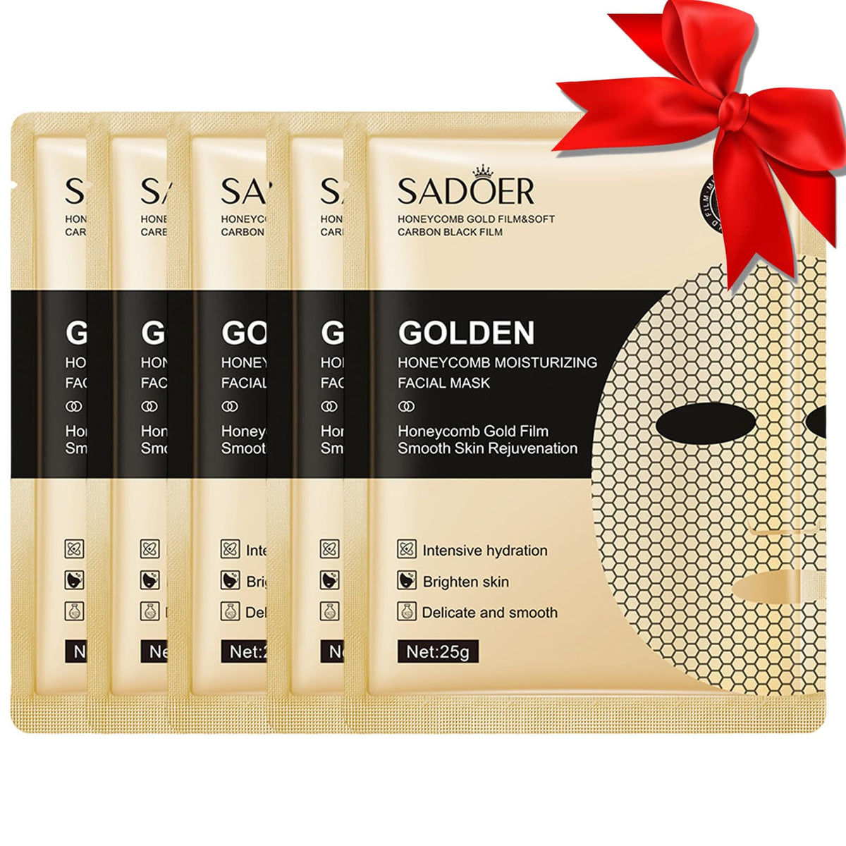 Honeycomb Face Mask with Collagen and Royal Jelly, Lifting and Firming Gel Mask, Gold, 5 Pack