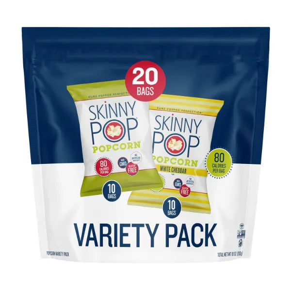 SkinnyPop Variety Pack Original and White Cheddar Popcorn, Gluten Free, Vegan, Non-GMO, Healthy Snacks, Skinny Pop, 0.5oz Individually Sized Bag (20 Count)