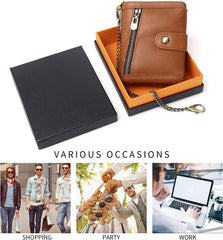 MAKINGTEC Genuine Leather RFID Bifold Wallets with Anti-Theft Chain Minimalist Leather Wallet with ID Window Multifunctional Leather Wallet Leather Wallet for Men with Money Pocket