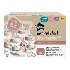Tommee Tippee Natural Start Baby’s First Bottle Set, 2 x 5oz and 2 x 9oz Anti-Colic Bottles, Slow and Medium Flow, 0-6 Month Pacifier, Self-Sterilizing, Pink
