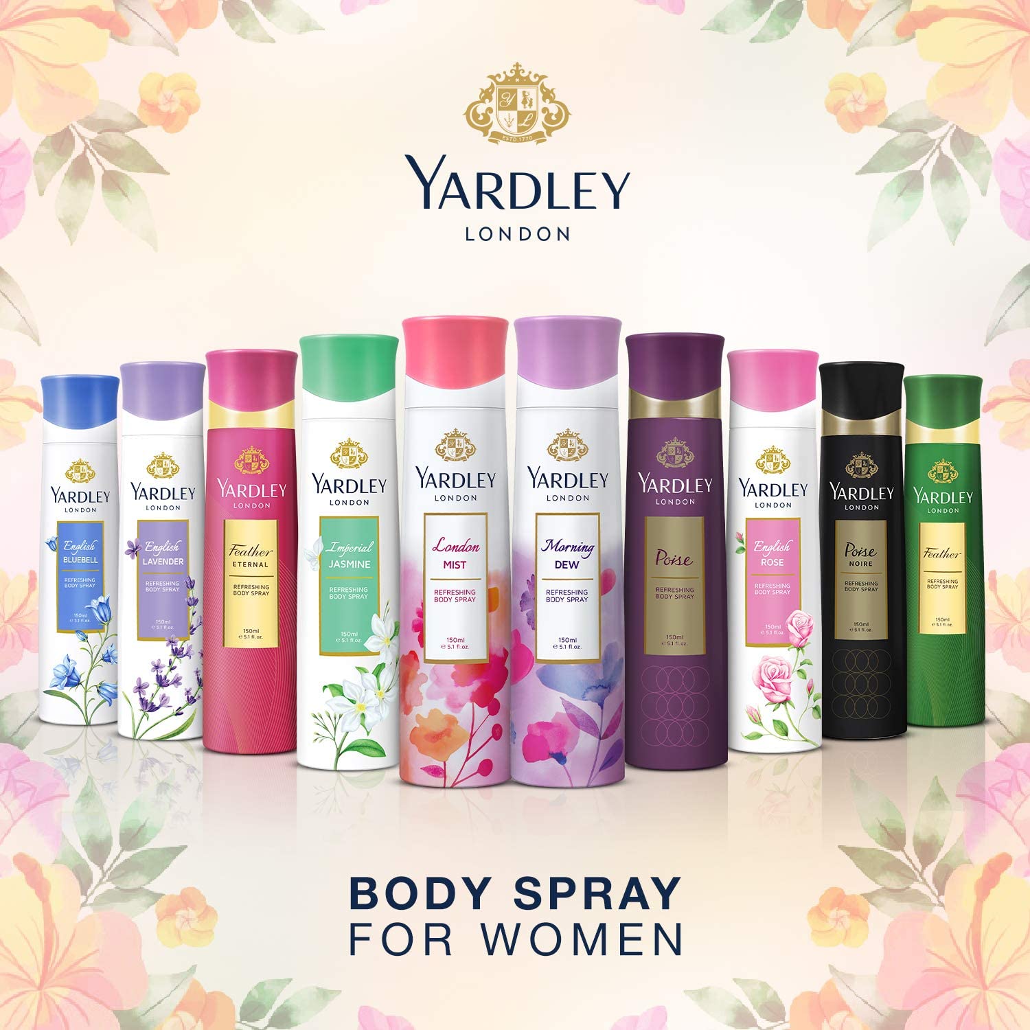 YARDLEY LONDON Yardley Feather Eternal Body Spray For - Perfumes For Women, Rose Leaves, Red Berries, Magnolia And Jasmine Fragrance, 150 ml