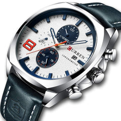 CURREN Mens Leather Strap Watches Classic Casual Dress Stainless Steel Waterproof Chronograph Date Analog Quartz Watch, Silver/white, sports