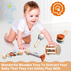Montessori Wooden Toys for Baby, Wooden Baby Rattle Toys Set, 5pcs Wooden Music Alinstrument Toys with Trumpet, Maracas, Castanets, Three-Ring Rattle, Cage Rattles, Montessori Toys for Babies 0-