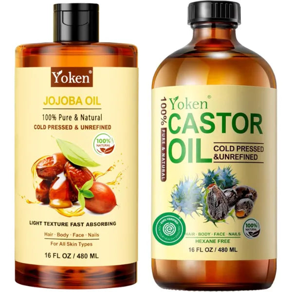 Yoken Organic Castor Oil & Jojoba Oil Set: 16oz Each, 100% Pure & Natural, EWG Verified, Cold Pressed - Best Carrier, Hydrating & Nourishing Facial & Hair Oil