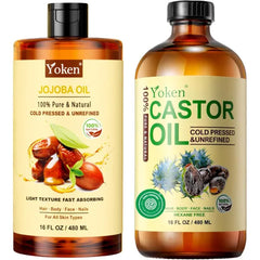 Yoken Organic Castor Oil & Jojoba Oil Set: 16oz Each, 100% Pure & Natural, EWG Verified, Cold Pressed - Best Carrier, Hydrating & Nourishing Facial & Hair Oil