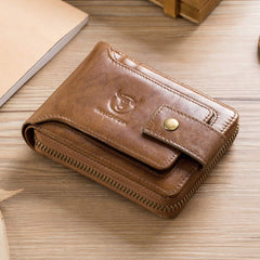 BULLCAPTAIN Genuine Leather RFID Wallet for Men Large Capacity ID Window Card Case with Zip Coin Pocket QB-231, Brown, Small, Minimalist