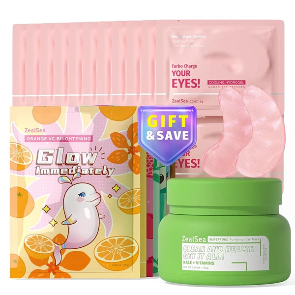 ZealSea Youthful Radiance Skincare Gift Combo: Detox & Deep Cleansing Superfood Clay Mask-Under Eye Patches for Dark Circles and Puffy Eyes- Beauty Facial Sheet Masks for SPA