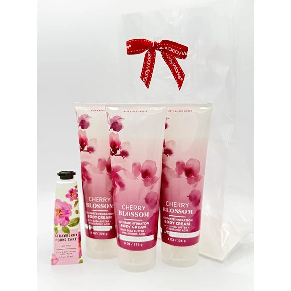 Bath & Body Works Cherry Blossom 4-Piece Gift Set | Includes: Three Ultimate Hydration Body Creams and One Strawberry Pound Cake Hand Cream