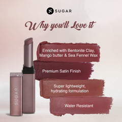 Sugar Cosmetics Satin Lipstick 07 Gabriella by Mettle (Soft Dusty Nude/Pink Nude) Ultra-hydrating and smooths fine lines