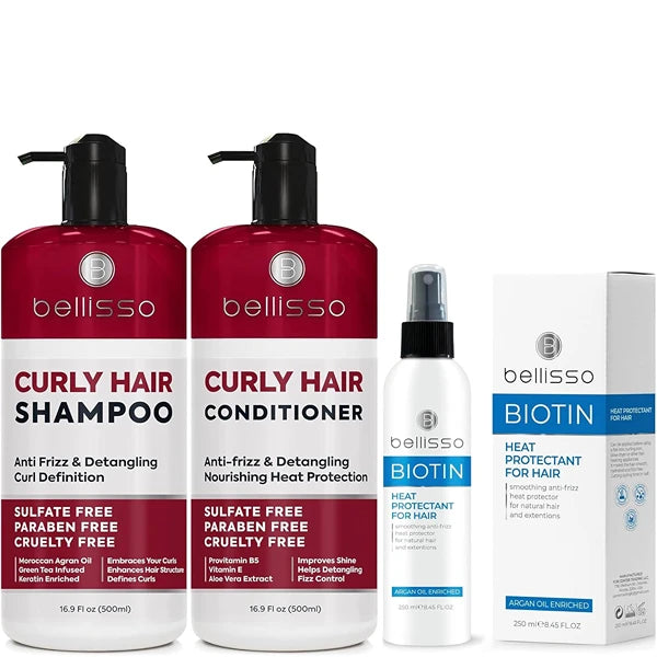 BELLISSO Curly Hair Shampoo and Conditioner Set and Biotin Heat Protection Hair Spray with Moroccan Argan Oil