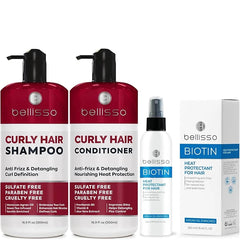 BELLISSO Curly Hair Shampoo and Conditioner Set and Biotin Heat Protection Hair Spray with Moroccan Argan Oil