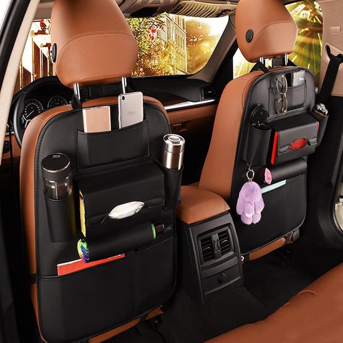 SIJAWEYI 2 Pack PU Leather Premium Car SeatBack Organizer Travel Accessories, Car Seat Back Organizer Seat Protector/Kick mats Back seat Protector and Cup Holder Holder,Universal Use Seat Covers