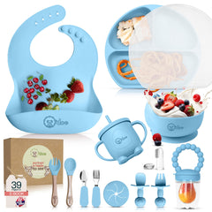 O'doe Baby Led Weaning Feeding Supplies for Toddlers, Baby Feeding Set | Suction Silicone Baby Bowl-Self Eating Utensils Set with Spoons, Bibs (Blue V2, V2: Nurture Pack [17 Pieces])