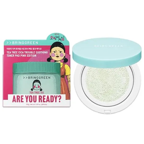 BRING GREEN Tea Tree CICA Sun Cushion + Squid Game Toner Pad Korean Redness & Acne Care Set with Mineral SPF 50+ & Trouble-Soothing Pad Netflix Pink Edition Skincare