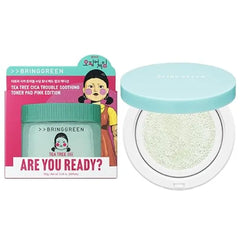 BRING GREEN Tea Tree CICA Sun Cushion + Squid Game Toner Pad Korean Redness & Acne Care Set with Mineral SPF 50+ & Trouble-Soothing Pad Netflix Pink Edition Skincare