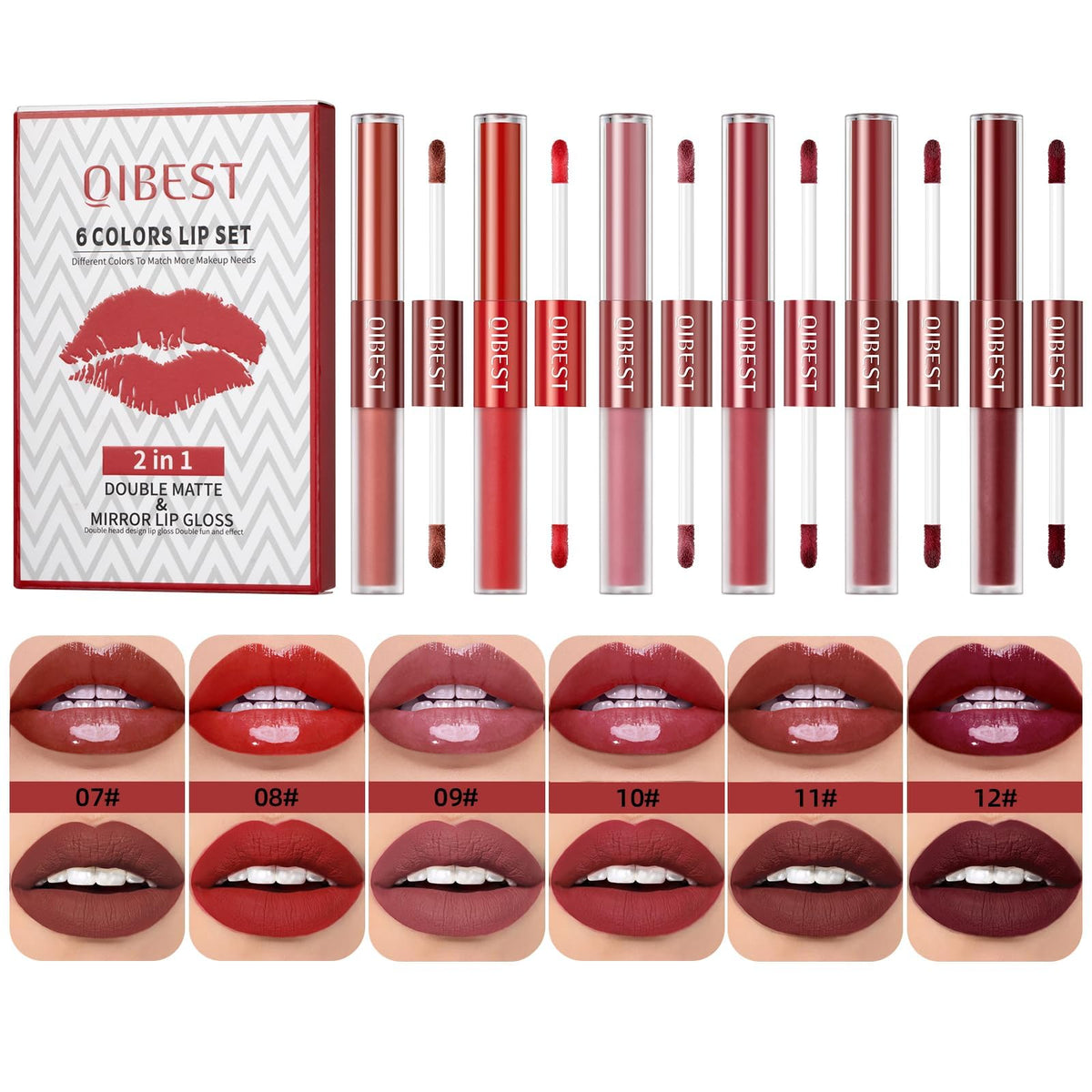 Azonee Double Head Lip Gloss Set 6 Colors Matte Liquid Lipstick + 6 Colors Mirror Lip Gloss, 2 IN 1 Hydrated & Velvet Matte Nude Lipstick Lip Gloss Beauty Cosmetics Makeup Set Kit