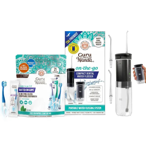 GuruNanda On-the-Move Smile Kit – 6-in-1 Ready-to-Go Toothbrushes (21ct) & Compact TSA-Friendly Water Flosser (Black) with Collapsible Tank for Easy Oral Care