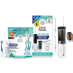 GuruNanda On-the-Move Smile Kit – 6-in-1 Ready-to-Go Toothbrushes (21ct) & Compact TSA-Friendly Water Flosser (Black) with Collapsible Tank for Easy Oral Care