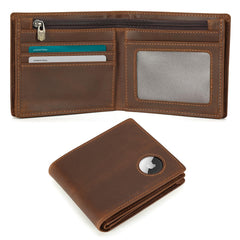 Polare Men's RFID Blocking Cowboy Genuine Natural Crazy Horse Leather Bifold Wallet - Brown-Large with AirTag Slot