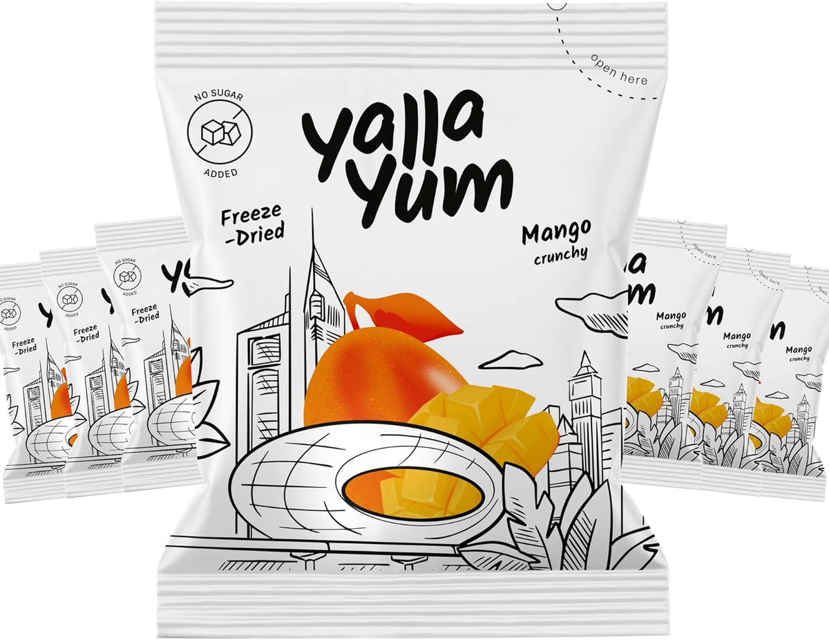 YallaYum Freeze-Dried Mango, 7 Packs of 15g | 100% Fruit, Non-GMO, No Added Sugar, Gluten-Free,No Additives Added, Vegan, Made From 950g Fresh Mango | Healthy Snack for On-the-Go
