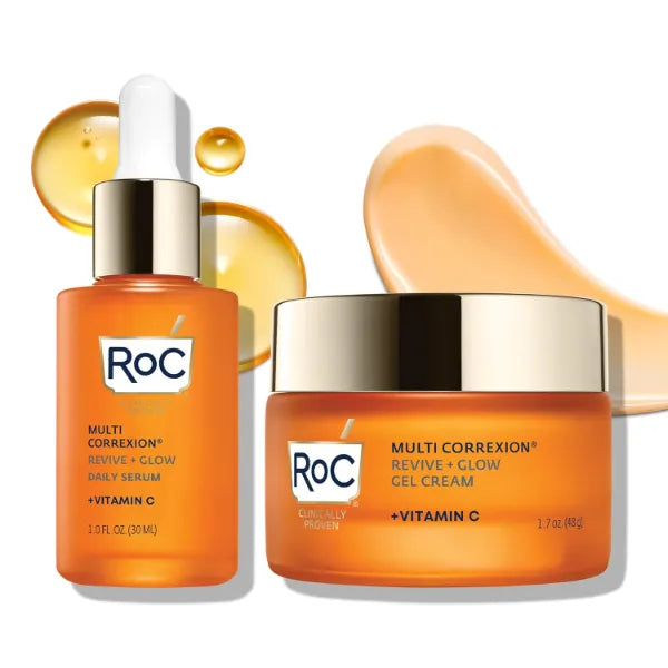 RoC Multi Correxion Revive + Glow Skin Care Regimen Bundle: Vitamin C Serum for Face + Vitamin C Cream for Tighter, Brighter Skin