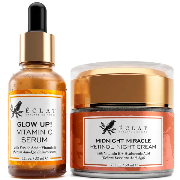 Eclat Skincare Retinol Night Cream + Vitamin C Serum Duo - Day & Night Anti Aging Skin Care Set with Hyaluronic Acid & Vit E – Brightening Serum + Retinol Cream with Retinyl Palmitate for Smooth Skin