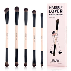 Jessup Makeup Brushes 10-in-5 Double Ended Eyeshadow Brush Contour Brush Blending Brush Eyeliner Brush Shader Brush, Vegan Fiber Precision Eye Brush Set Peach Dust T509