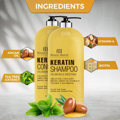 Botanic Hearth Keratin Shampoo and Conditioner Sulfate Free Set - Volumizing & Smoothing - with Argan Oil, Collagen & Biotin, Restores Dry, Dull & Damaged Hair to Natural Shine & Luster, 16 fl oz each