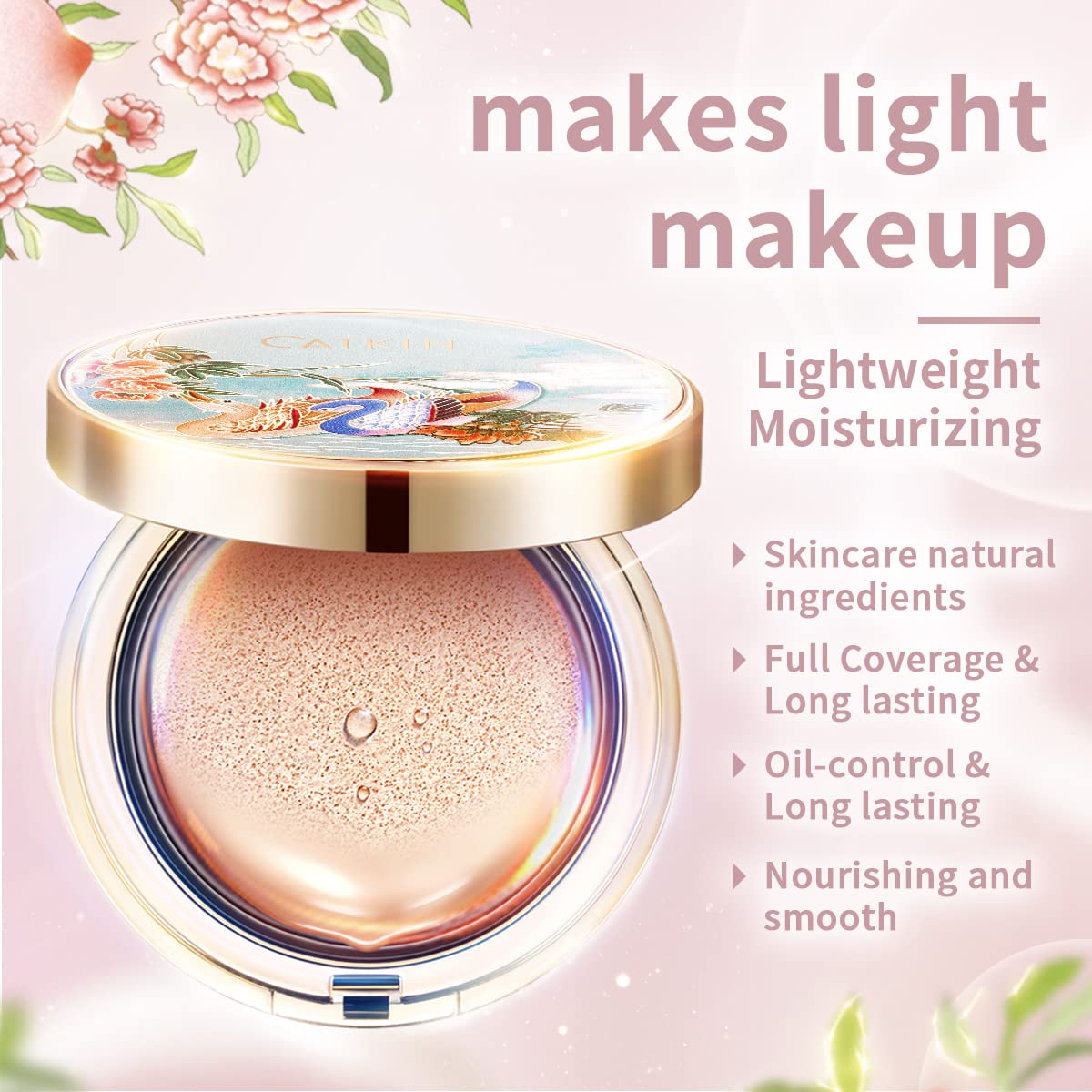 CATKIN PEACH BLOSSOM Skincare BB Cream Air Cushion Foundation, Matte Oil-control Concealer for All Skin Types, Refillable Foundation Makeup 13g*3 (C02)