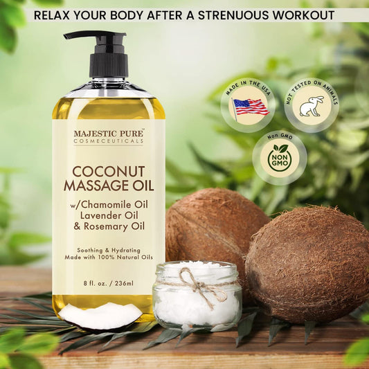 MAJESTIC PURE Coconut Massage Oil - Huge 236ml | Ultra-Glide Formula with Soothing Aroma | Natural Oils for Massage Therapy & Pain Relief | Suitable for All Skin Types - Men & Women